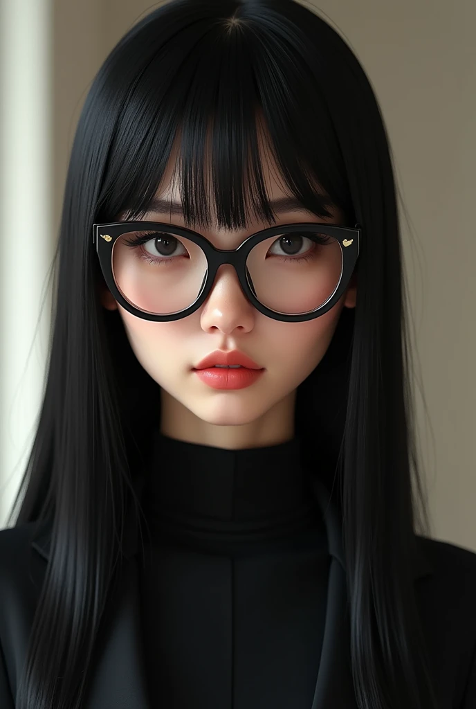 Imagine an Asian woman, Tall and slender, with long straight hair, black in color. She has neatly combed side bangs and wears Bayonetta-style glasses., with bold and modern frames. Your look is sophisticated and confident.