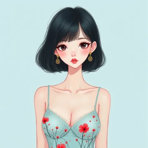 3D, NSFW, pastel color, watercolor paiting, 
linear art, 
ankymoore, 1girl in, Solo, Inner bob cut hair, Simple background, Black hair, Dress, Simple gold ring earrings with the same design on both ears, Upper body, flower, earrings, dull black eyes, Pale ...