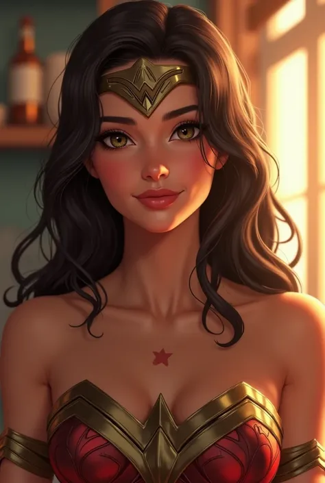 Wonder Woman smiling and drinking beer。Brown Hair,  masterpiece、beautiful girl、fine 目、puffy eyes、Bright spot、Best Quality, 超High resolution, (reality: 1.4), Cinema Lighting,Very beautiful、The perfect Wonder Woman costume。Very pretty face。Japanese 20 year o...