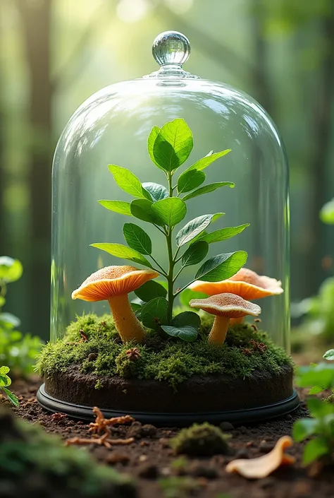 Can you make me a label with the name ecoceniza on it and with an image of a plant protected with a dome and that has fungi outside the dome?