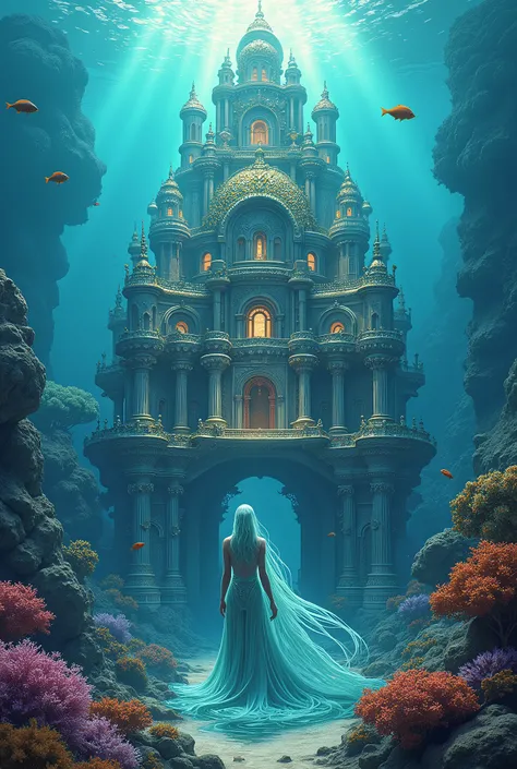 A majestic underwater palace made of shimmering coral, pearls, and bioluminescent plants. Schools of colorful fish swim around the palace, and the Sea Queen herself, adorned in flowing seaweed robes, stands on the steps with her court of sea creatures. Sun...