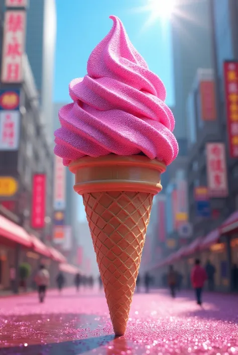 Pink glitter ice cream cone right in the middle of the medium-sized photo in a big city 8k