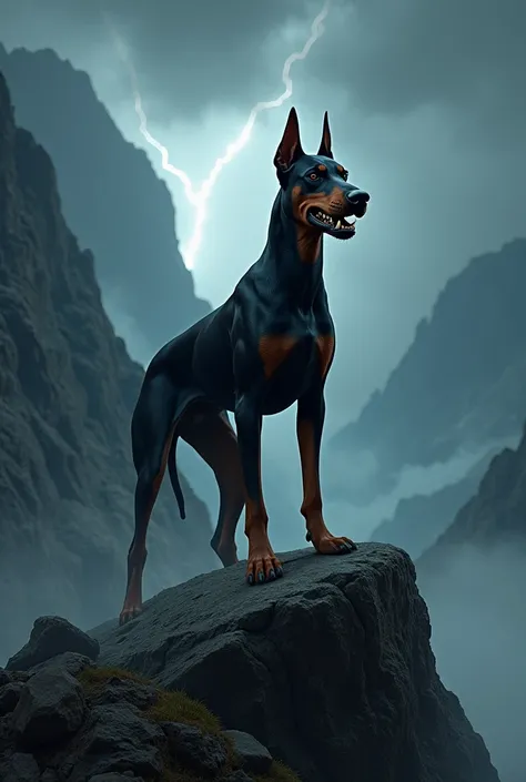 Angry Doberman dog on a mountain and very dark weather