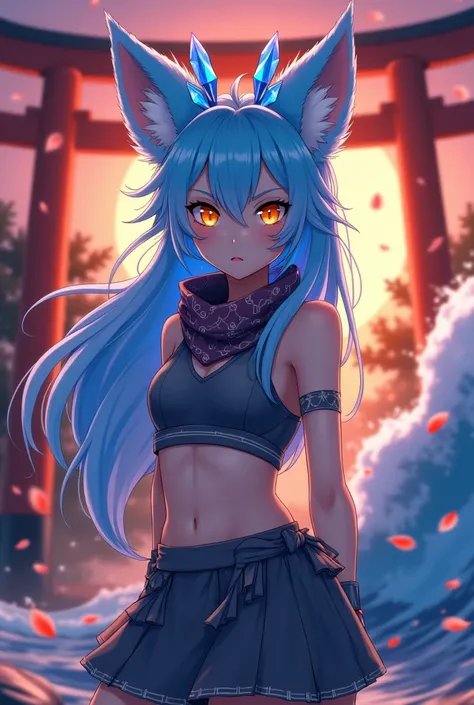 fox Light blue hair 　beast girl　indigo fur　fox beast girl　Sesshomaru, Yellow eyes, Anime, Perfect face, Perfect Lighting, Outdoors, Warm colors, Dark purple sky, Autumn sunset,  (inuyasha), Bearing Claw, Ready to fight　wave, koi fish, anime artstyle, wide ...