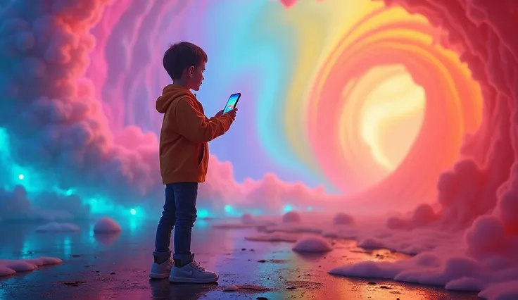 A color trading background Cinematic background on which a boy is promoting color trading with a mobile in his hand Artificial image