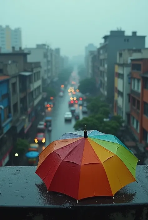 Rainy day at dhaka, heavy rain,  colorful single umbrella lying in rooftop 