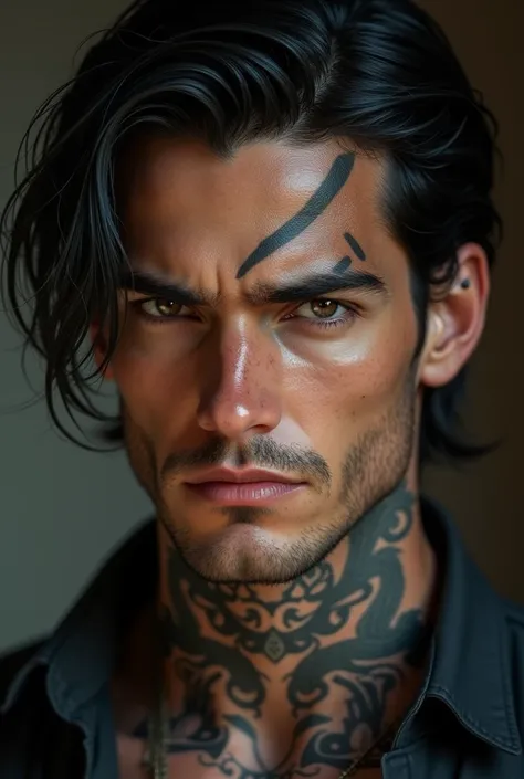 Hyper realistic image, of a handsome young man, 2, brunette, straight nose, with spots, that looks dangerous, Black hair, that your hair reaches the nape of your neck, serious gaze, a scar on an eyebrow, with tattoos on the neck 