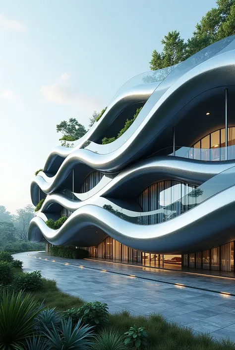 **Prompt:**

"Design a three-story horizontal building with architecture inspired by the Lorenz Attractor, where chaotic lines and shapes are translated into smooth curves and fluid structures. The building extends along the land, with each floor presentin...