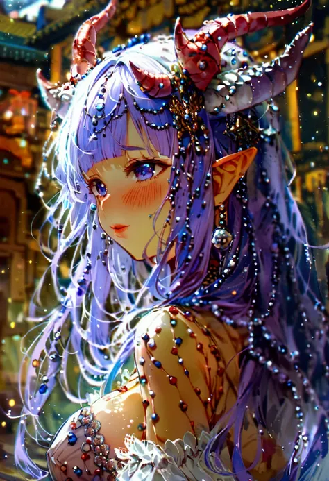  {kanna_kamui_kobayashisanchinomaidragon:1.15}, long_hair, light_purple_hair, blue_eyes, hair_ornament, bangs, blush, multicolored_hair, twintails, blunt_bangs, hair_beads, beads, hairband, gradient_hair, low_twintails, horns, dragon_horns, purple_hair,chi...