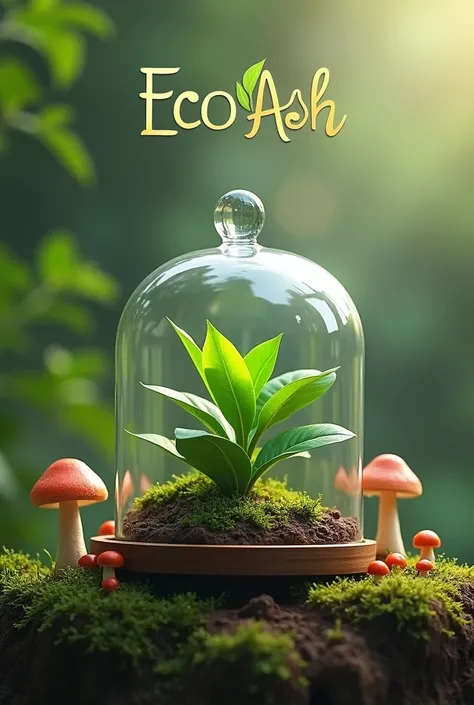 Can you make me a picture with the name Eco Ash on the top and a plant protected by a glass dome on the bottom with mushrooms on the outside? 