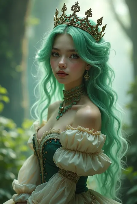 A girl with light green hair wearing a crown and black eyes wearing a queen dress and a lolita dress