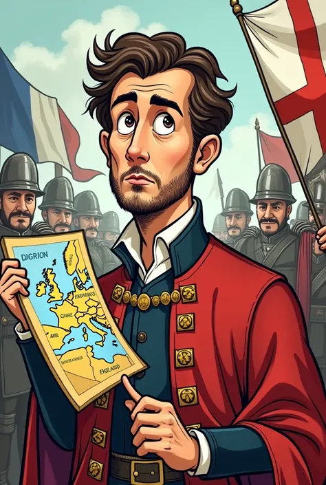 Make a cartoon of Dom João thinking, holding a map of Europe on one side, an English flag, and on the other, French soldiers approaching.