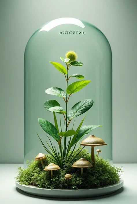 Can you make me an image with the name Eco Ceniza at the top in Spanish and at the bottom a plant protected by a glass dome and with mushrooms on the outside? 