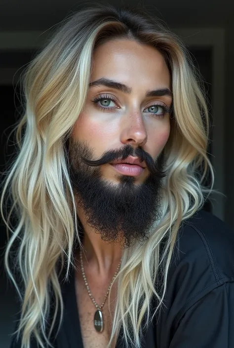 precise portrait, bearded woman with a well-trimmed hairy and shaggy beard, medium-long blonde hair with side bangs, beautiful long mustache, beautiful eyes, Beautiful Make Up, solo, high resolution