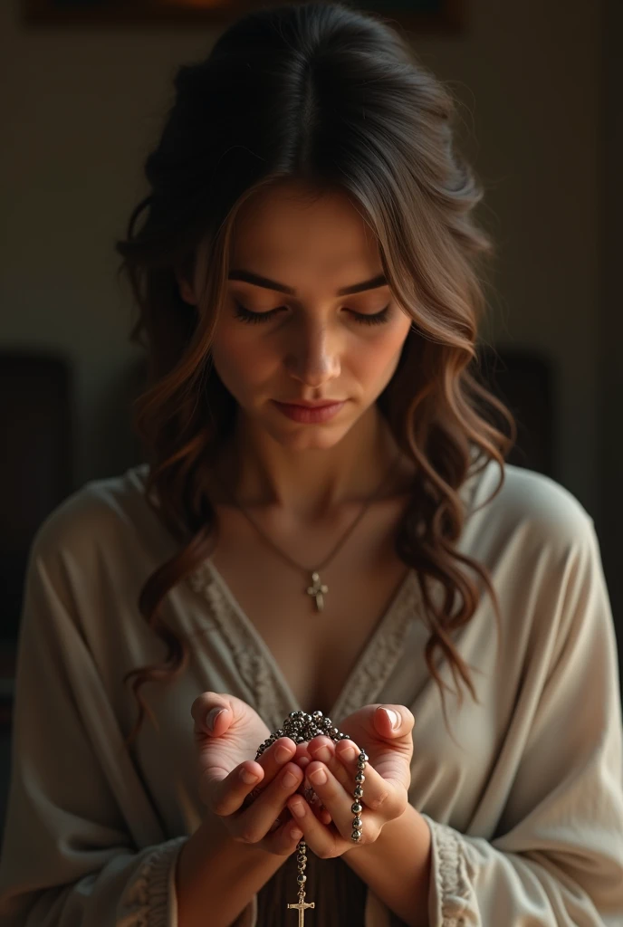 a woman with a rosary in her hand, praying.