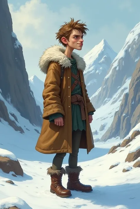 a man. high. thin. light skin. Unruly, disheveled light brown hair. Wearing a light brown fur coat. Smiling and sarcastic. Lives in frozen lands, in the middle ages. Wear leather boots. 