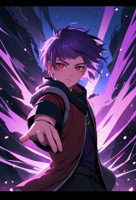  young boy, purple hair with bangs, dark red eyes, naruto oc