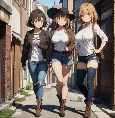 4 female, brown long anime hair, huge breast, teenage girl, brown eyes, thick eyebrows, cowgirl clothes, cowboy hat, jean short, jacket, boots, house, thick legs, home, bedroom
