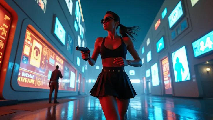 (Wide and low angle view). At night, in cyberpunk 2077 city, aged 20 young girl as Judy Alvarez. futuristic curve-shape digital movie posters art gallery, Indiana Jones posters, holographic projected movie characters in the air, 1drone. High-resolution OLE...