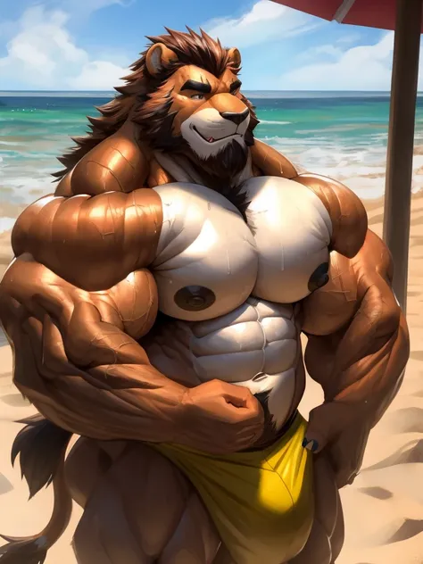 male focus, score_9, score_8, score_7, score_6,  bara, big muscles, correct anatomy, detailed eyes, simple backed, source_furry, gay, anthro, old lion, old, bearded, beefy bodybuilder, musk clouds, sweaty body, musky, highres, huge pecs, big nipples, bara ...