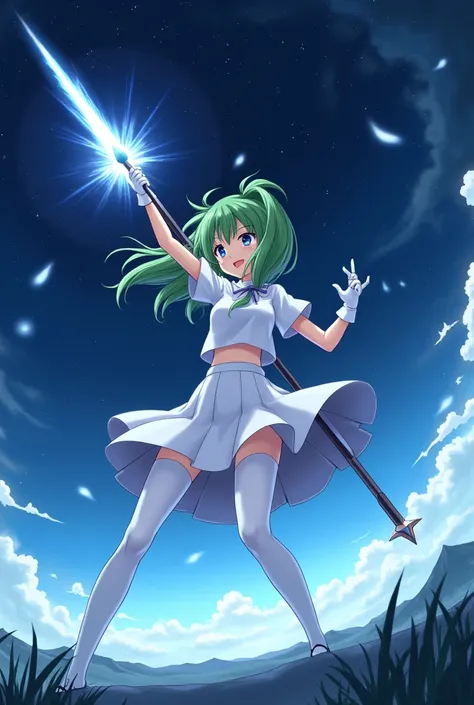 Night sky，White short-sleeved school uniform，White pleated skirt，white pantyhose，White Gloves，Green long hair anime girl，magic spear，attack