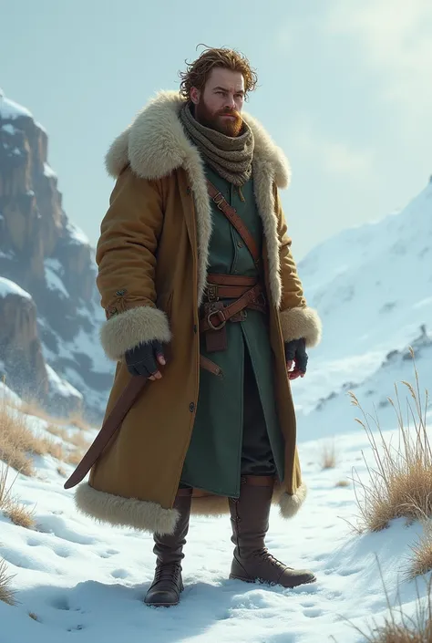 a man. high. thin. light skin. Unruly, disheveled light brown hair. Wears a light brown fur coat. Smiling and sarcastic. Lives in frozen lands, in the middle ages. Wear leather boots. <xml><input>realistic</input></xml>.