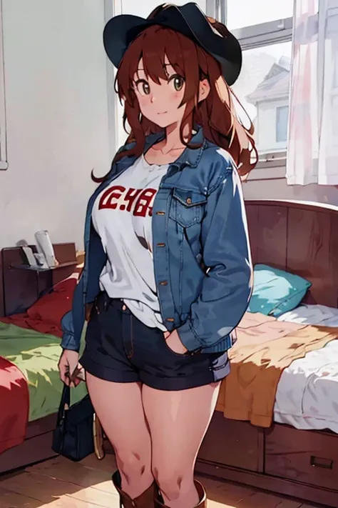 1 female, brown long anime hair, huge breast, teenage girl, brown eyes, thick eyebrows, cowgirl clothes, cowboy hat, jean short, jacket, boots, house, thick legs, home, bedroom
