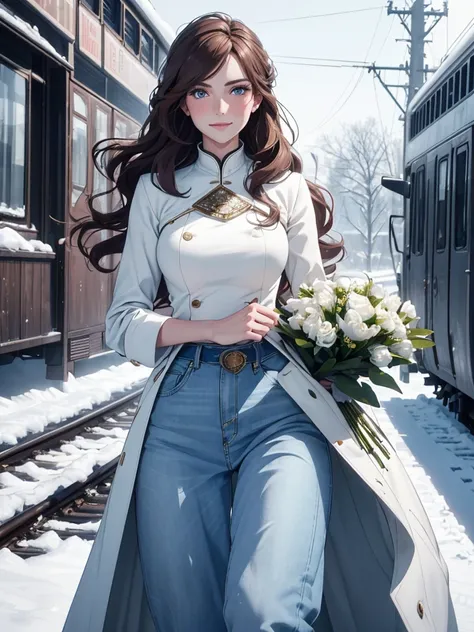 (8K, photo and gross, Better quality, maestro:1.2), (realistic, fotorrealistic:1.37), ultra detailed, 1 girl, beautiful, alone, Beautiful detailed winter landscape with snow and an old train, (blush), (full body: 1.1), (smile: 1.1), big breasts, beautiful ...