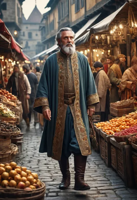 a wealthy man in ancient times walking through a busy market with several followers, intricate detailed portrait, photorealistic, dramatic lighting, rich colors, cinematic, 8k, ultra detailed, masterpiece, (best quality, 4k, 8k, highres, masterpiece:1.2), ...