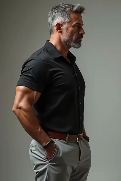 Carlos cuevas, sexy AND handsome man in a black shirt and silver trousers ,  de perfil, 50 años, brown belt, big muscles, Tall and muscular, watching to the cámara (((Big butt)) (((backside))), espaldas de perfil , nalgon