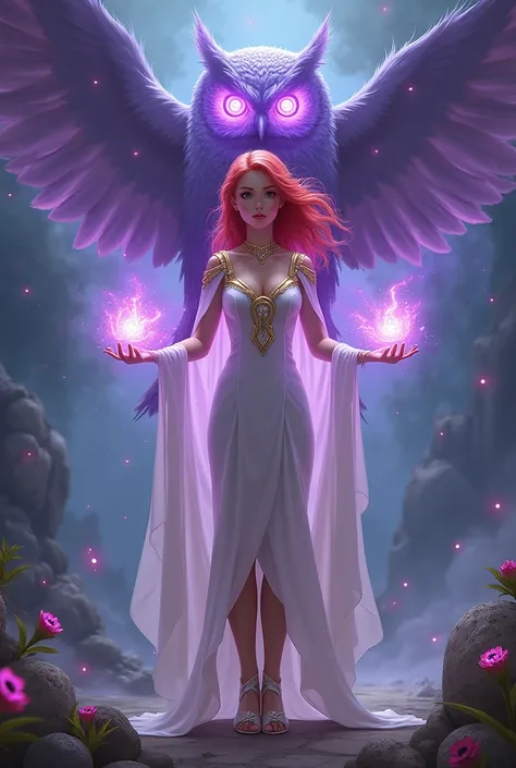 A 20-year-old red-haired girl who has purple magical powers, she wears a white dress with details of the infinity gems, white and gold slippers and cape identical to Doctor Strange&#39;s. There is a giant, glowing owl spirit behind her as she holds the Inf...