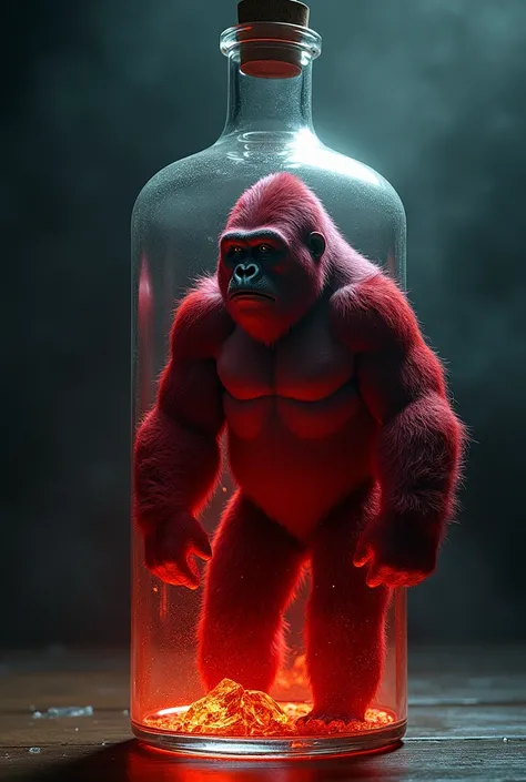 a deep red gorilla, inside a glass bottle, detailed glass bottle, detailed deep red gorilla, highly realistic, photorealistic, 8k, extremely detailed, masterpiece, volumetric lighting, intricate details, cinematic lighting, dramatic lighting, moody atmosph...