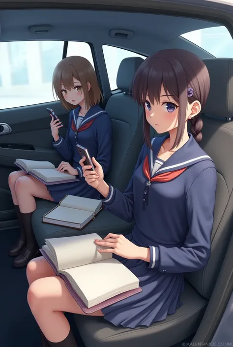 Student seating inside the car and studying holding his book along with mobile phone and bag beside him and his friends seat next to him with the same school dress 