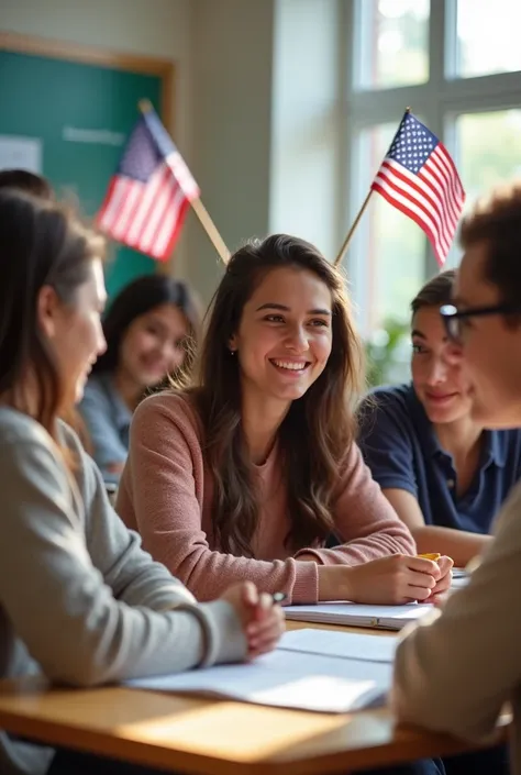 create an image in size 4:3 of an English course with several real foreign students with American and English flags