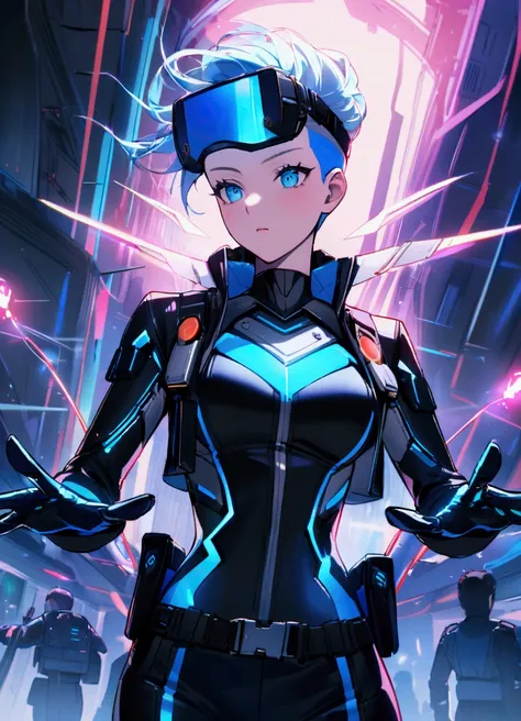 The futuristic archer police officer has a sleek undercut with metallic silver or electric blue hair. They wear a form-fitting, high-tech uniform with dark colors and neon accents. Their bow is a futuristic, collapsible design with glowing energy strings a...