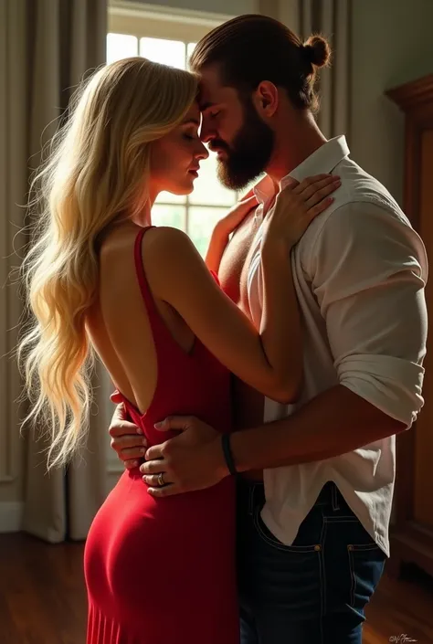 A beautiful woman with long blonde hair in a red dress, elegant, seductive, provocative, sexy that you can see the whole back and whole legs with a man with a lot of beard and lots of hair on his chest and an unbuttoned white shirt 