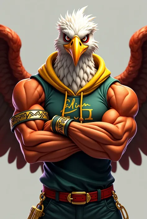 Claro! Aqui está o comando atualizado com o uniforme de regata com capuz e a pose desejada:

---

**Command for the AI:**

"Create an ultra-realistic 3D cartoon illustration of a super-strong humanoid eagle with a muscular body and an aggressive yet confid...