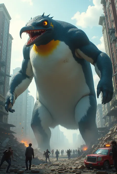 A mutant Penguin Giant monster destroys a city 