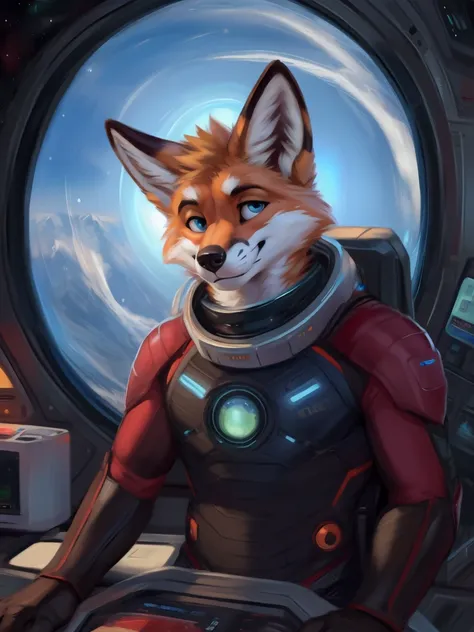 realistic, scientifically accurate, black hold, doppler shift, event horizon, accretion disk, detailed, anthro, fox, looking out...