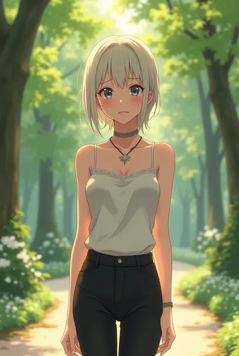 (anime)White woman with black pants and small, cute breasts walking through a park with an embarrassed face and a collar around her neck 