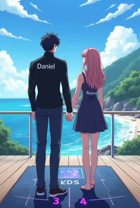 Couple character in black turtleneck shirt with name on shirt, Daniel, and on the woman&#39;s dress the name RAYSSA , anime themed coast weigh-in 