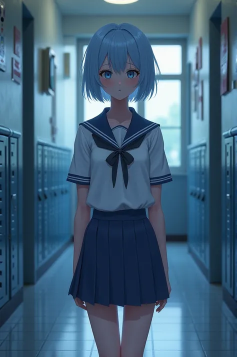 Predominant colors: blue, black and clear.
outfit: Typical school uniform with a white blouse, a short blue skirt and black details.
Hair: short, light blue tone.
expression: tender, but with a touch of displeasure or discontent.
bottom: A school hallway w...