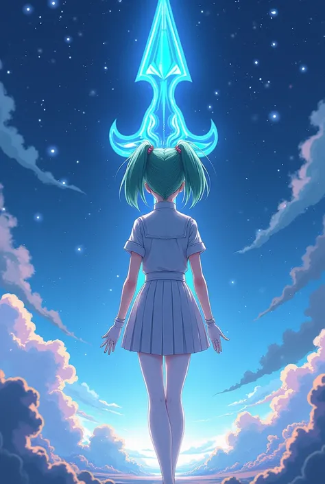 Night sky，White short-sleeved school uniform，White pleated skirt，white pantyhose，White Gloves，Green long hair anime girl，huge magic spear