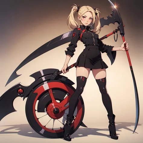 (perfect, masterpiece), very detailed, neutral facial expression, figure, full body view, small breasts, blonde hair with twintails, red eyes, looking at viewer, black uniform, skirt, black boots, holding scythe, sexy leaning pose.