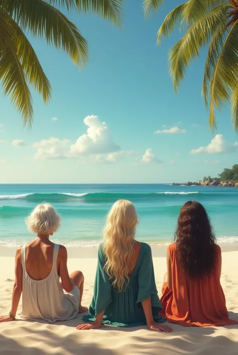 Three 80-year-old women, one blonde, one brunette and the other dark brown, all with long hair on a beach in Brazil