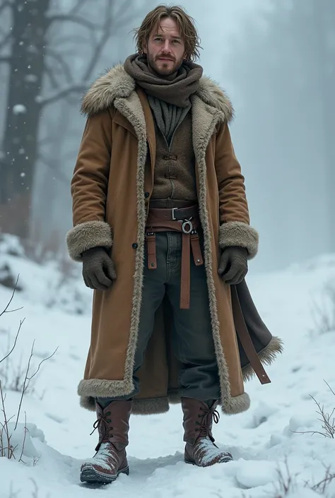 A young man. high. thin. light skin. Long light brown hair, disheveled and rebellious. Wears a light brown fur coat. Smiling and sarcastic. Lives in frozen lands, in the middle ages. Wear leather boots. He has a thin beard on his chin