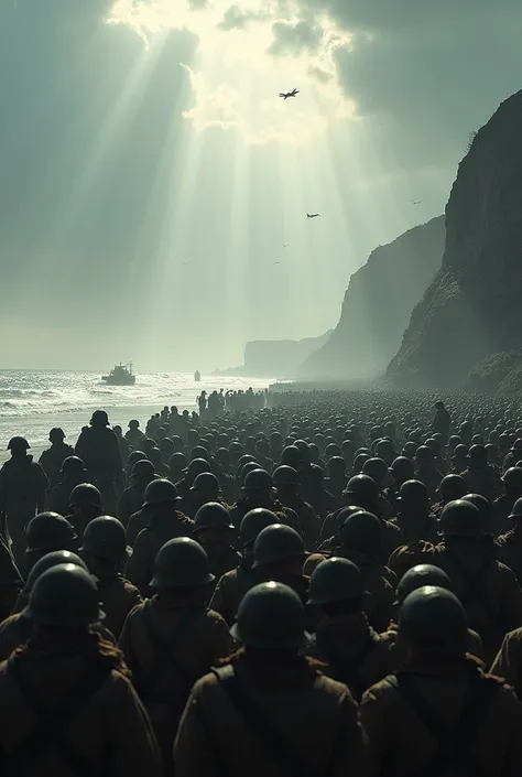 Evacuation of Dunkirk:

"A poignant scene of the Dunkirk evacuation, with Allied soldiers crowded on the beach waiting to be rescued by a flotilla of boats under the looming threat of enemy aircraft."
