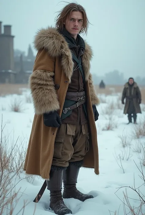 A young man. high. thin. light skin. Long light brown hair, disheveled and rebellious. Wears a light brown fur coat. Smiling and sarcastic. Lives in frozen lands, in the middle ages. Wear leather boots. 