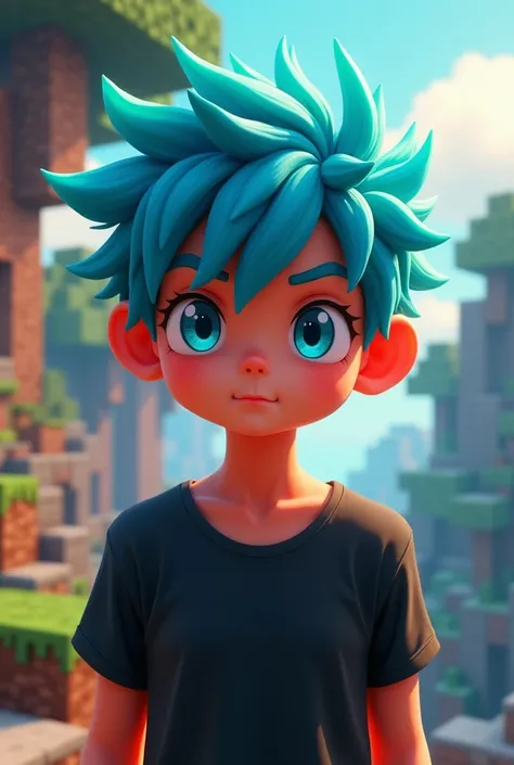  boy with spiky blue hair, aqua blue eyes, reddish skin and black shirt.minecraft
