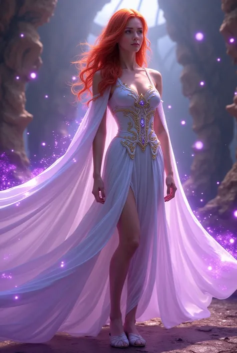 In the dimension of spirits, A 20-year-old red-haired girl who has purple magical powers, she wears a white dress with details of the infinity gems, white and gold slippers and cape identical to Doctor Strange&#39;s. She was with Peter Parker, interpretado...